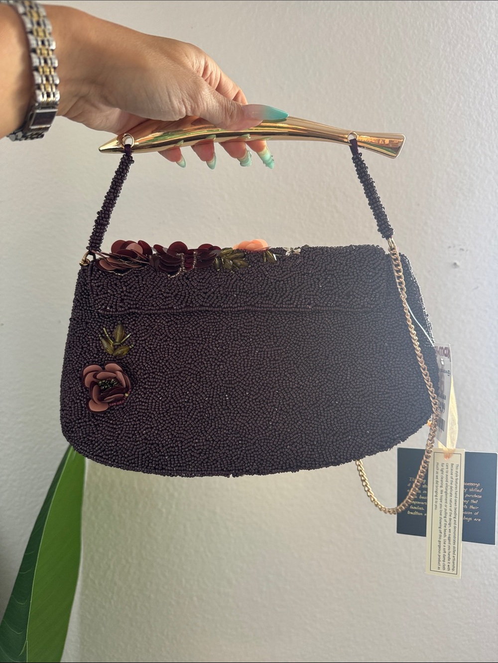 Viral Made in India Embellished Floral Beaded Bag with gold top handle - Picture 2 of 4